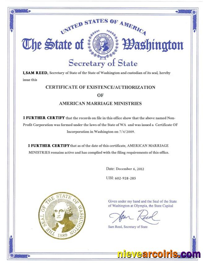 USA Washington state marriage certificate